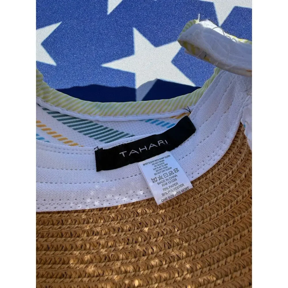 TAHARI Wide Brim Roll Up Sun Hat‎ Packable Paper Blend OS Multi White Trim, EUC